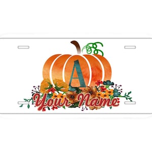 Personalized License Plate Custom Name Bright Orange Floral Watercolor Pumpkin Monogram Letter Vehicle Bicycle Motorcycle Golf Cart Moped