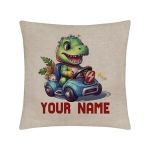 Gepersonaliseerde kussensloop Aangepaste naam Dinosaur Go Cart 15,75x15,75 inch Linnen - geen inzetstuk