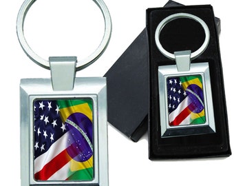 Keychain Mixed USA and Brazil Flag Rectangle Metal