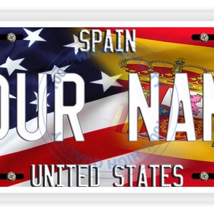 パーソナライズされたナンバープレートミックスアメリカとスペインの国旗バニティタグ - 車両、自転車、オートバイ、ゴルフカート、モペット