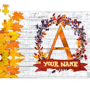 Rompecabezas personalizado Nombre personalizado Hermosa corona de otoño con nombre rojo Banner Monograma Carta 120pc Incluye bolsa de transporte de viaje