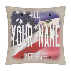 Spersonalizowana poszewka na poduszkę z imieniem i mieszaną flagą USA i Haiti, 15,75 x 15,75 cala, len - bez wkładki