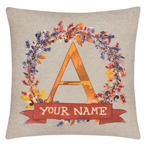 Funda de almohada personalizada Nombre personalizado Hermosa corona de otoño con nombre rojo Banner Monograma Carta 15.75x15.75 pulgadas Lino - sin inserto
