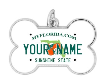 Personalized Dog Tag Custom Name State Florida License Plate  Bone Shaped Metal Pet ID