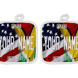 Personalized Oven Mitt and Potholder Set Custom Name Mixed USA and Guyana Flag Plate Linen