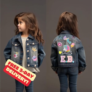 Kids Personalized Custom Name Denim Jean Jacket With Patches - Baby, Toddler, Teens Sewn