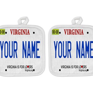 Personalized Oven Mitt and Potholder Set Custom Name Virginia State License Plate Linen