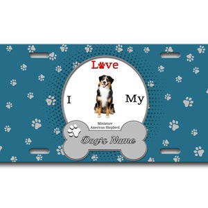 Gepersonaliseerde aangepaste naam ik hou van mijn miniatuur Amerikaanse herder hond lover vanity tag - voertuig fiets motorfiets golf kar brommer