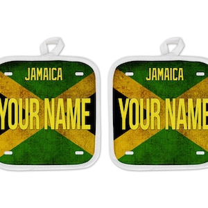 Personalized Oven Mitt and Potholder Set Custom Name License Jamaica Flag Plate Linen