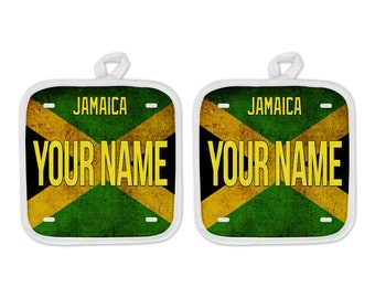 Personalized Oven Mitt and Potholder Set Custom Name License Jamaica Flag Plate Linen