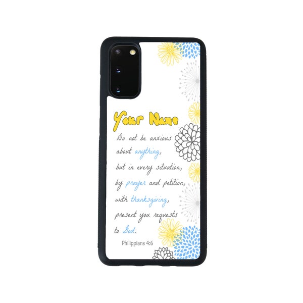 Personalized Name Bible Verse Philippians 4-6 on Yellow Blue Floral Phone Galaxy s22 s23 5G FE A23 A24 A53 A54 Plus Ultra Flip Fold 3 4 5