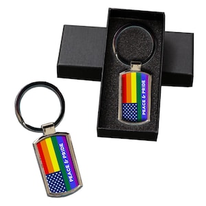 Keychain Peace and Pride USA LGBT Flag Rectangle Metal