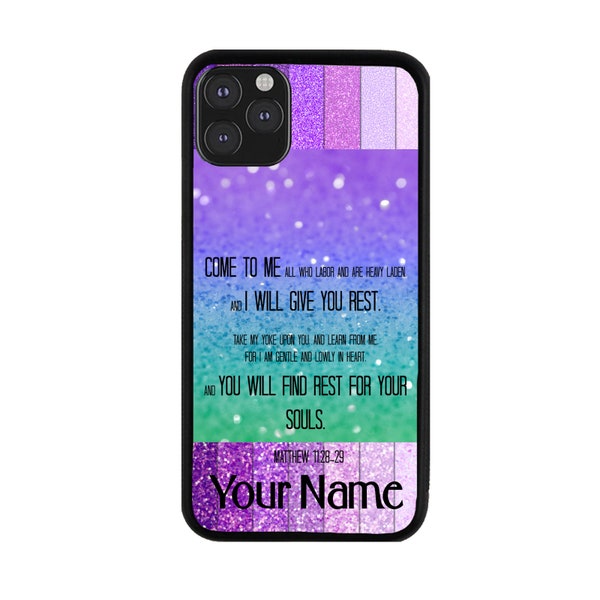 Personalized Name Matthews 11:28 Bible Verse On Blue Purple Glitter Phone Case for iPhone 6 7 8 Plus X XS 11 12 13 14 15 Plus Pro Max Mini