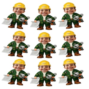 May include: Nine cartoon figures of a smiling child dressed as an engineer, wearing a yellow hard hat with "ENGINEER" printed on it. Each figure holds blueprints, a rolled-up plan, and a small phone. The engineer wears a green jacket, white shirt, and brown boots.