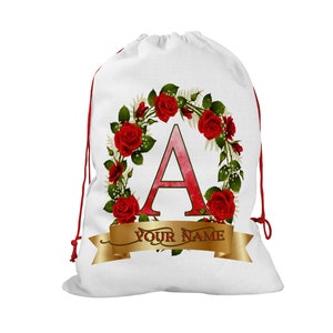 Saco de embrulho de presente personalizado, nome personalizado, linda coroa de rosas com faixa dourada, monograma, letra, saco de papai noel