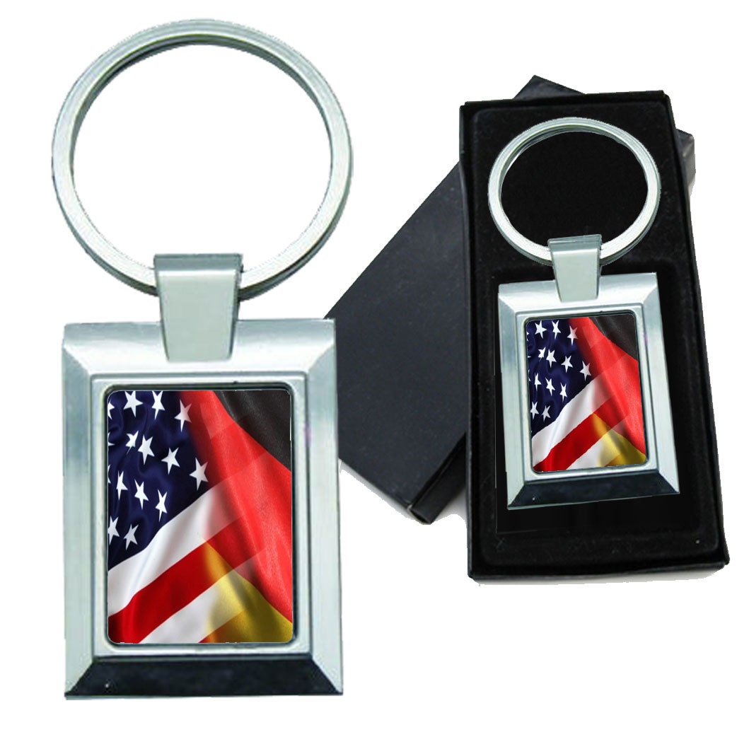 Keychain Mixed USA and Germany Flag Rectangle Metal