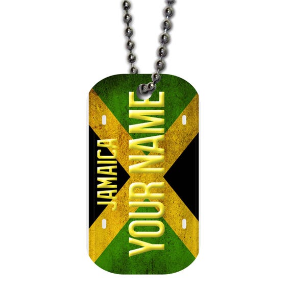Personalized Military Dog Tag Necklace Custom Name License Jamaica Plate  Single Sided Metal with Beaded Chain