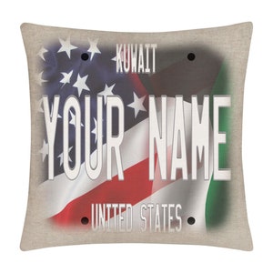Personalized Pillow Cover Custom Name Mixed USA and Kuwait Flag Plate 15.75x15.75 inches Linen  - no insert