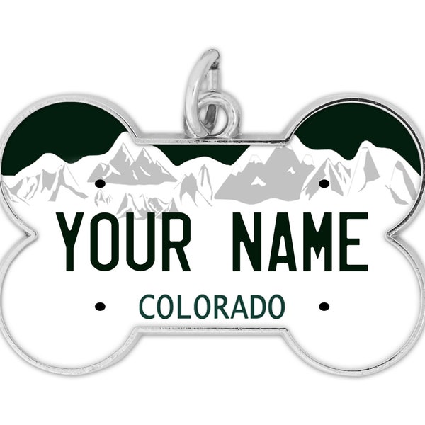 Personalized Dog Tag Custom Name State Colorado License Plate  Bone Shaped Metal Pet ID