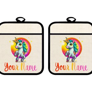 Personalized Oven Mitt and Potholder Set Custom Name Unicorn Dancing in the Sky Linen