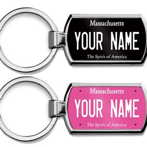Personalized Keychain Custom Name Massachusetts State Pink Blackout Holiday 2021 License Plate Metal