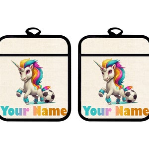 Personalized Oven Mitt and Potholder Set Custom Name Unicorn Soccer Player Linen