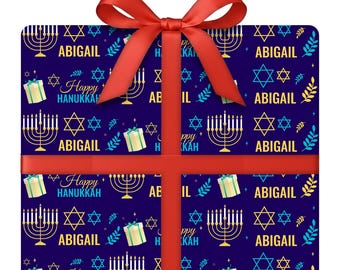 Personalized Happy Hanukkah Wrapping Paper | Blue and Silver Hanukkah Gift Wrap | 24” W