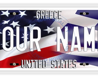 Personalized License Plate Mixed USA and Greece Flag Vanity Tag - Vehicle Bicycle Motorcycle Golf Cart Moped