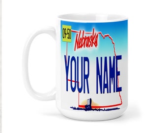 Personalized Mug Custom Nebraska License Plate 15oz Ceramic Mug / 18oz Travel Mug