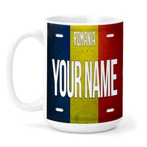 Personalized Mug Custom Name License Romania Flag Plate 15oz Ceramic Mug
