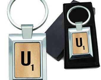 Keychain Monogram Wooden Letter U Rectangle Metal