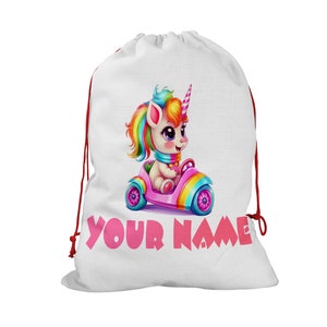 Personalisierte Geschenkverpackungstasche Benutzerdefinierter Name Einhorn Go Cart Racer Santa Sack