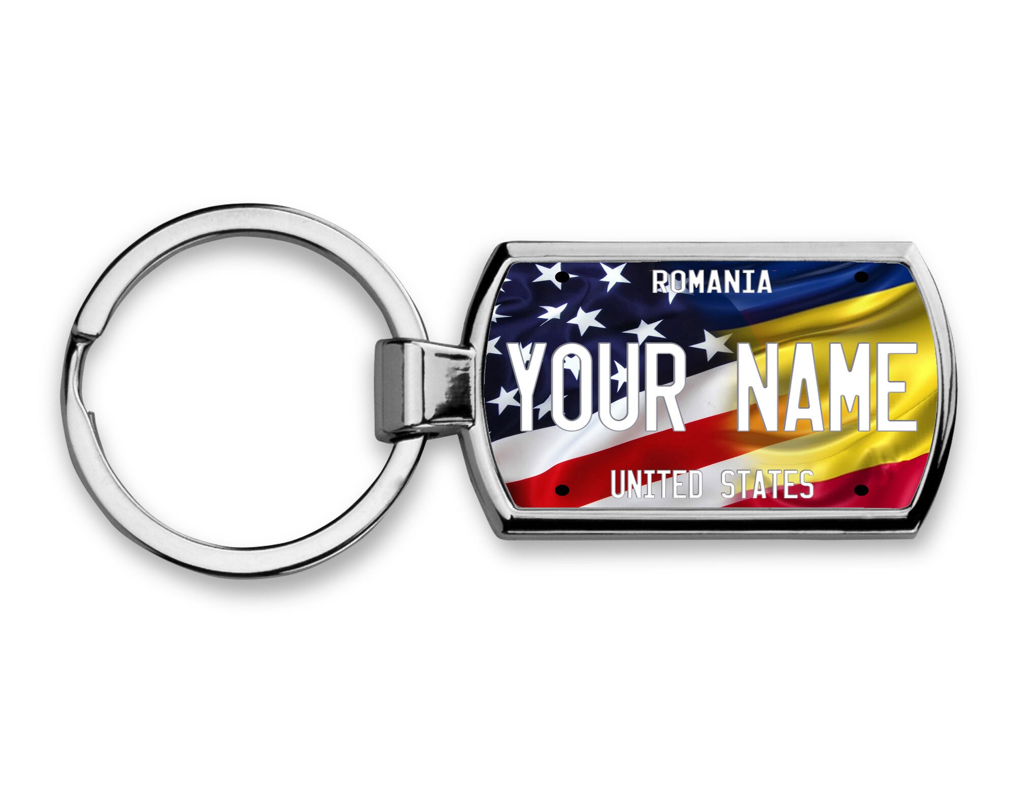 Schlüsselanhänger Rumänien – Bestickte Landesflagge Mit Schriftzug, 3x9,5 Cm, Metallring