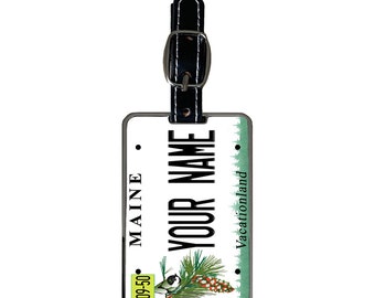 Personalized Luggage Tag Custom Name Maine State License Plate  With Strap