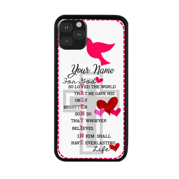 Personalized Name John 3-16 Valentine Bible Verse Pink Bird Cross Rubber Phone for iPhone 6 7 8 Plus X XS 11 12 13 14 15 Plus Pro Max Mini