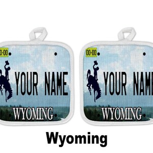 Personalized Oven Mitt and Potholder Set Custom Name Wyoming State License Plate Linen