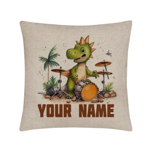 Personalized Pillow Cover Custom Name Dinosaur Band Drums 15.75x15.75 inches Linen  - no insert