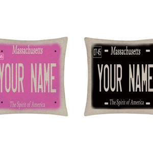Personalized Pillow Cover Custom Name Massachusetts State Pink Blackout Holiday 2021 License Plate 15.75x15.75 inches Linen  - no insert