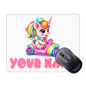 Gepersonaliseerde muismat aangepaste naam Unicorn Go Cart Racer Square