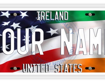 Personalized License Plate Mixed USA and Ireland Flag Vanity Tag - Vehicle Bicycle Motorcycle Golf Cart Moped