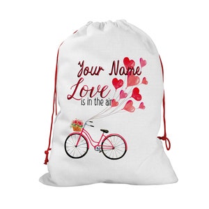 Personalized Gift Wrap Bag Custom Name Love Is In The Air Bicycle Pink And Red Balloons Santa Sack