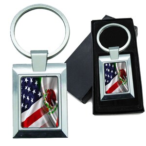 Keychain Mixed USA and Mexico Flag Rectangle Metal