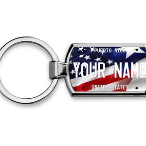 Personalized Keychain Mixed USA and Puerto Rico Flag License Plate Metal