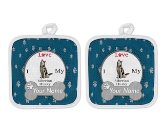 Personalized Oven Mitt and Potholder Set Custom Name I Love My Siberian Husky Dog Lover License Plate Linen