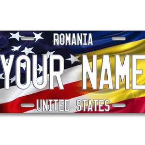 Personalized License Plate Custom Name Mixed USA and Romania Flag Plate - Vehicle Bicycle Motorcycle Golf Cart Moped