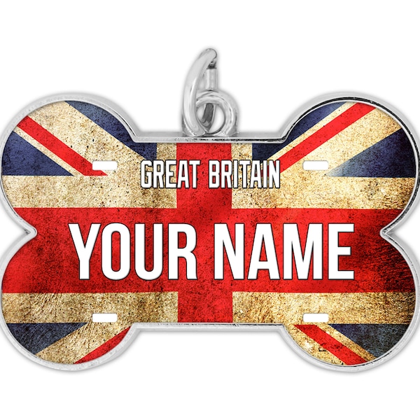 Personalized Dog Tag Custom Great Britain Name Country Flag Bone Shaped Metal Pet ID