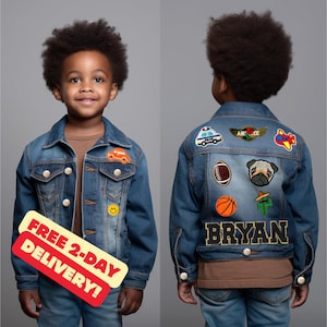 LIMITED EDITION Boys Personalized Custom Name Denim Jacket With Dinosaur, Cars, Trucks, Sports - Baby, Toddler, Teens African American
