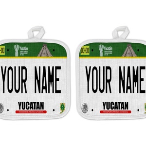 Personalized Oven Mitt and Potholder Set Custom Name Mexico Yucatan Linen