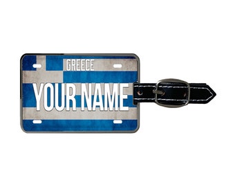 Personalized Luggage Tag Custom Name License Greece Flag Plate  with Strap