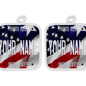 Personalized Oven Mitt and Potholder Set Custom Name Mixed USA and Puerto Rico Flag Plate Linen